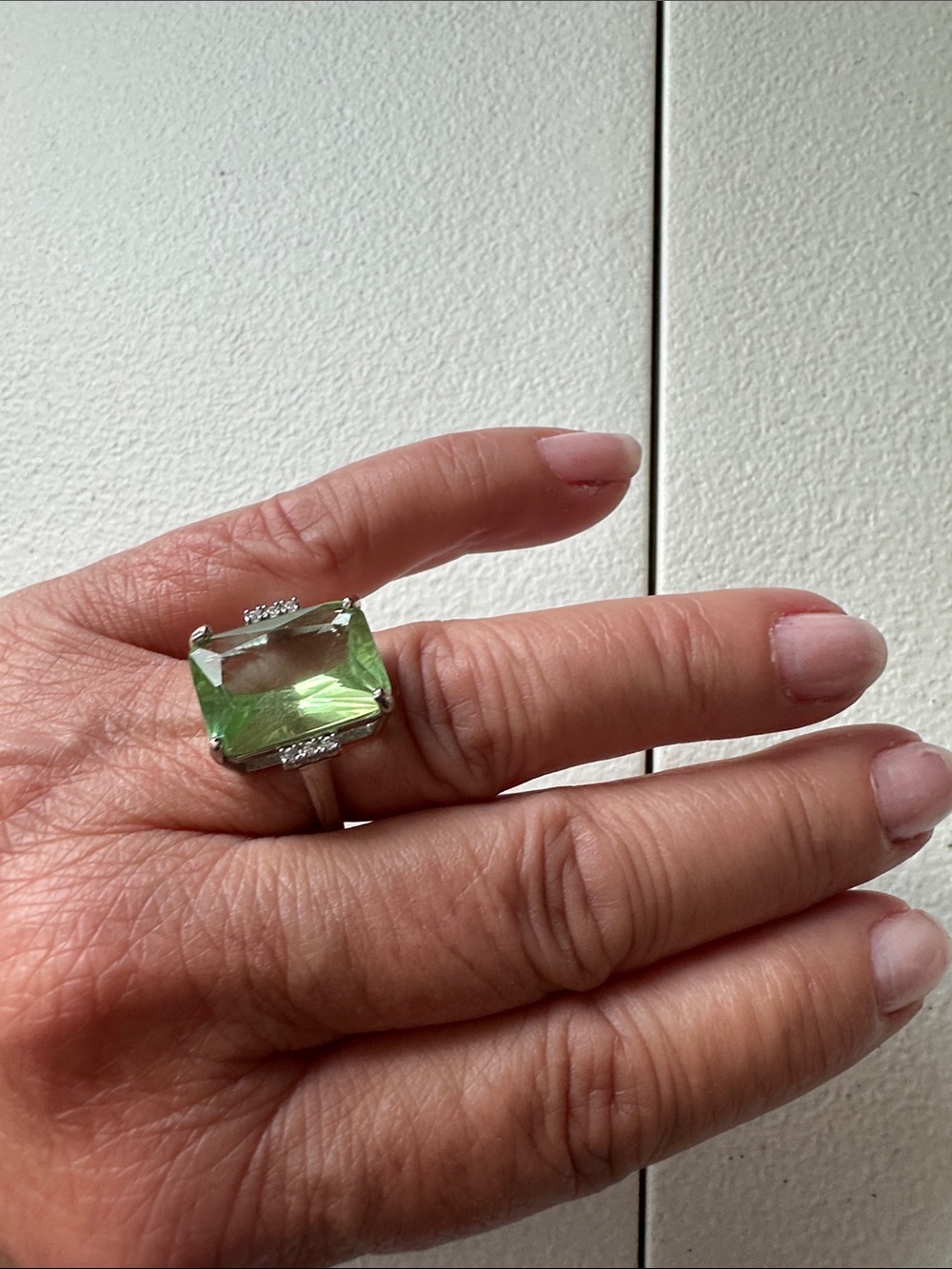 Emerald-Cut Green Statement Ring in Silver-Tone Setting sz 7